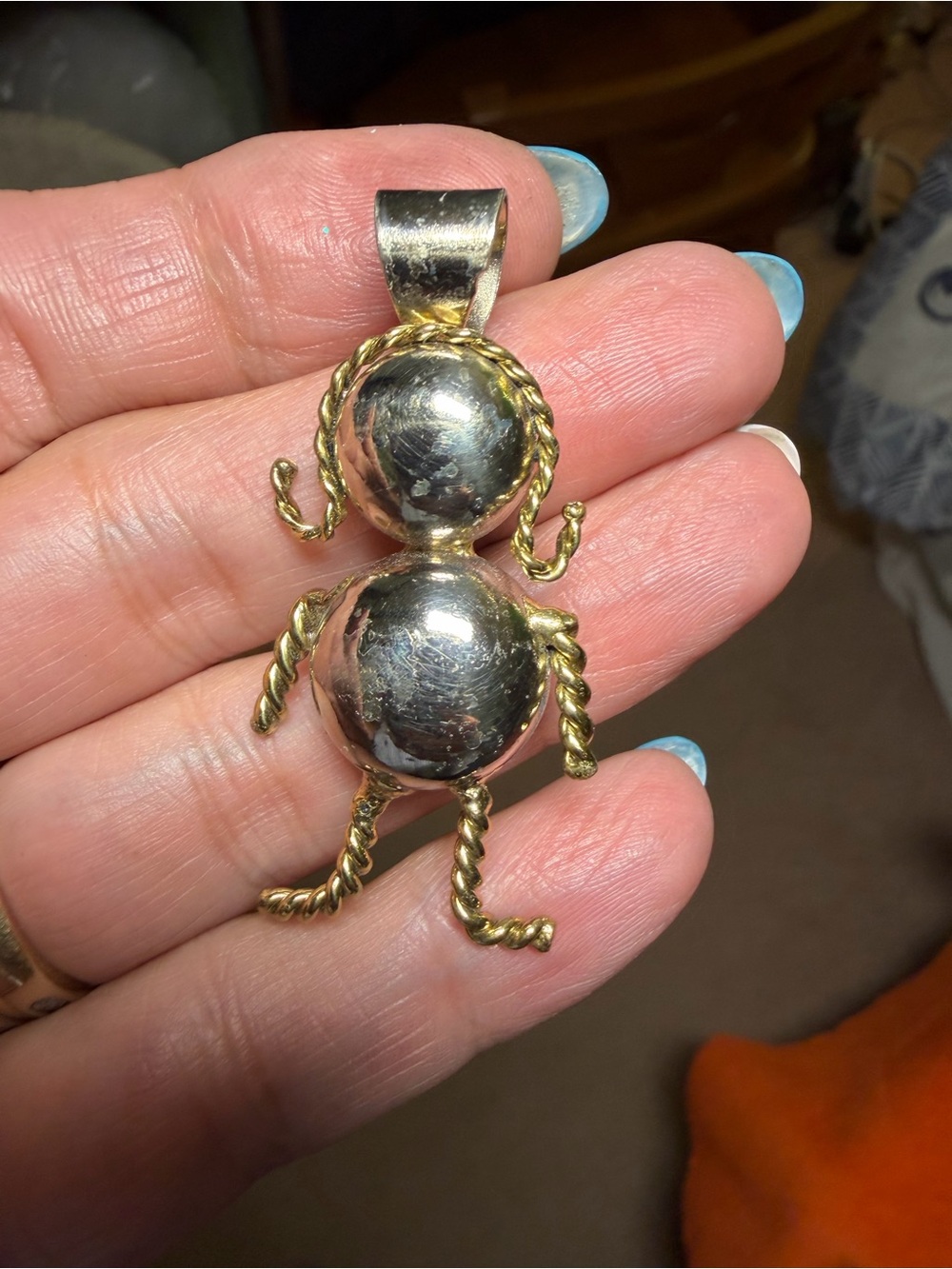 Vintage Figural Person Doll Pendant Mixed Metal Silver Gold Tone Artisan Jewelry